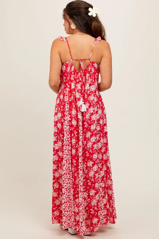 Red Floral Ruffle Shoulder Cut-Out Back Maternity Maxi Dress