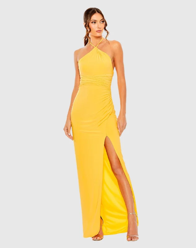 Halter Neck Ruched Side Front Slit Gown