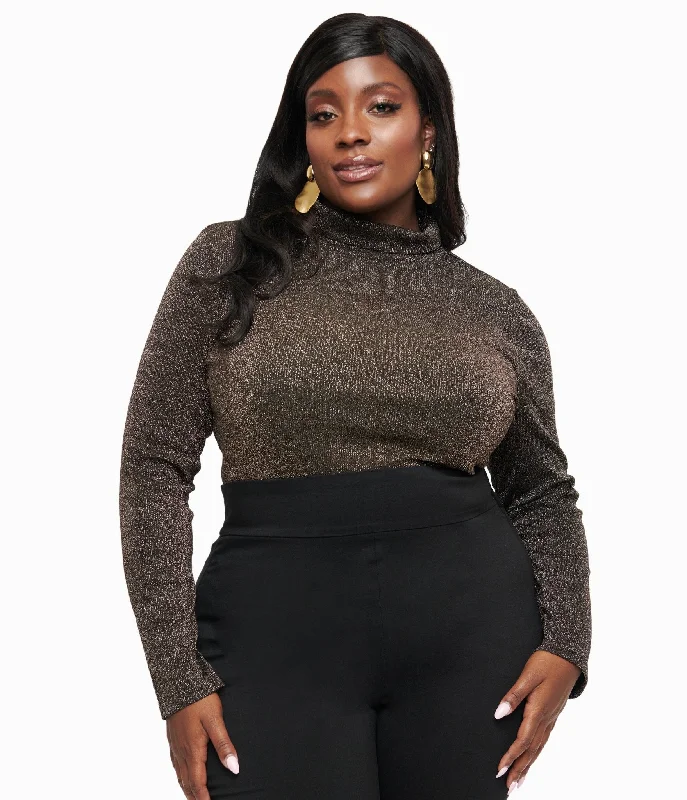 Plus Size 1950s Black Opal Lurex Mock Turtleneck Top