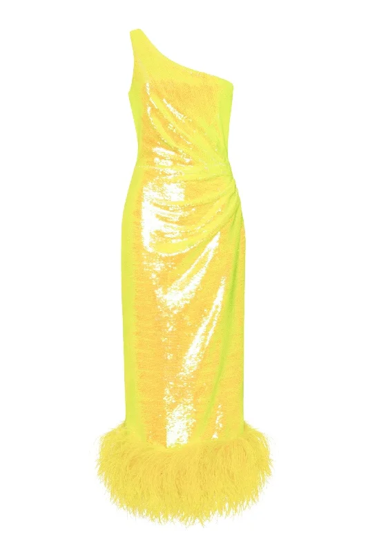 Vivid one-shoulder yellow sparkling wrapped midi dress