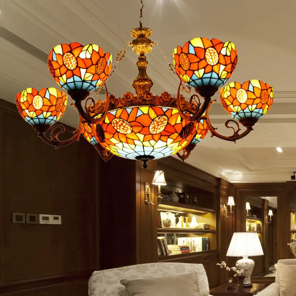 Incandescent Chandeliers for a Warm and Traditional GlowIncandescent Chandeliers for a Warm and Traditional GlowLodge Sunflower Chandelier - Stained Glass Pendant Light (9/11/15 Lights) in Orange for Living Room